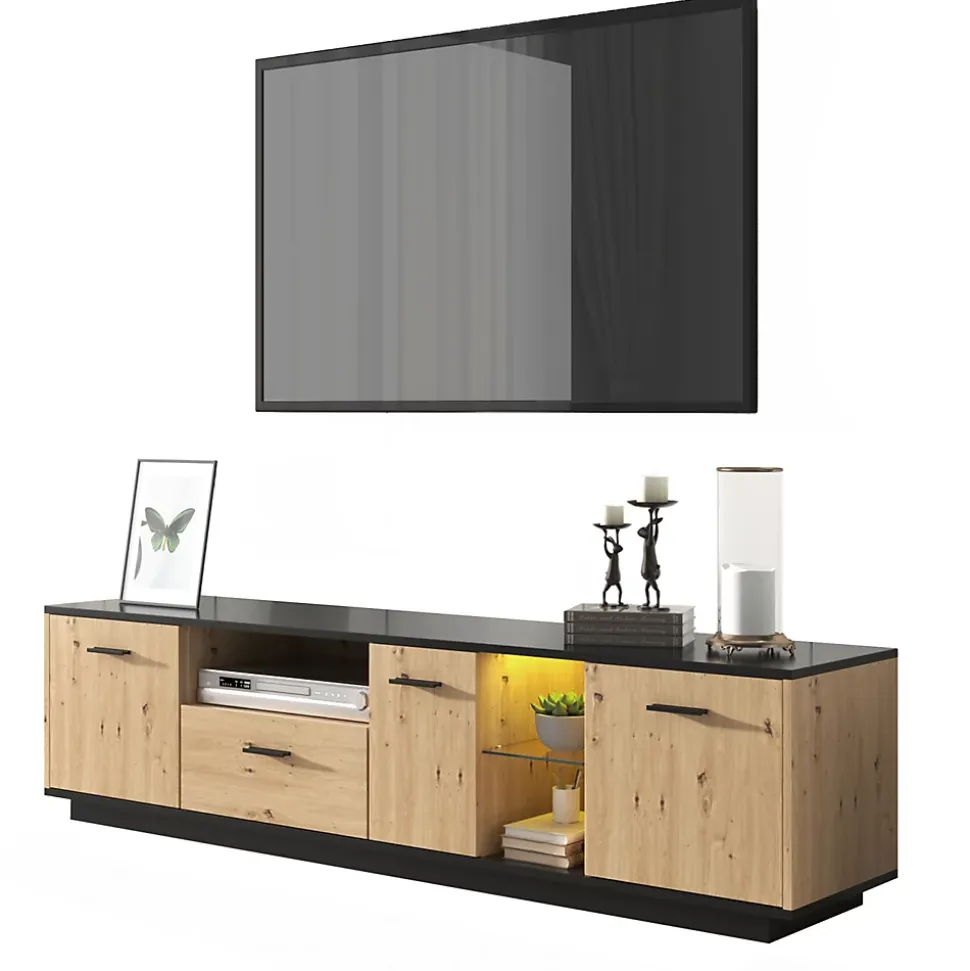 Meuble TV LED Avec 3 Portes, 2 Compartiments Ouverts Et 1 Tiroir Pour Salon, Chambre