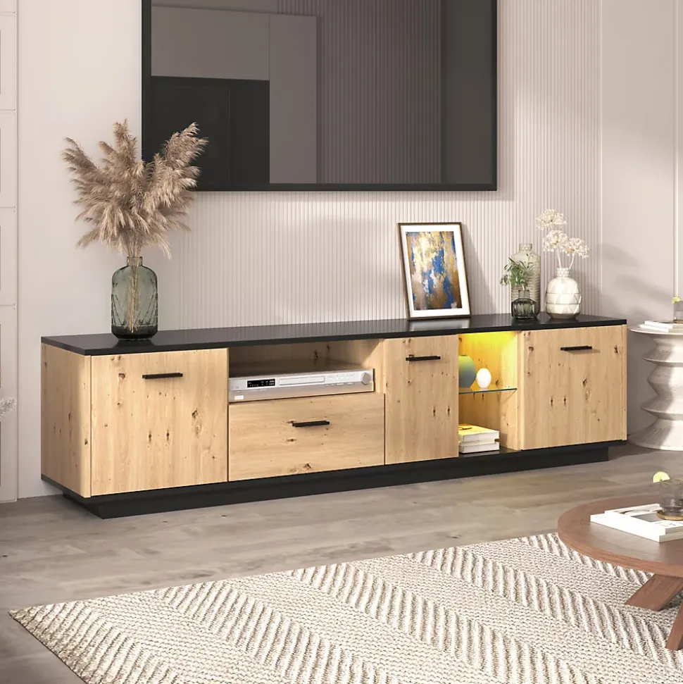 Meuble TV LED Avec 3 Portes, 2 Compartiments Ouverts Et 1 Tiroir Pour Salon, Chambre