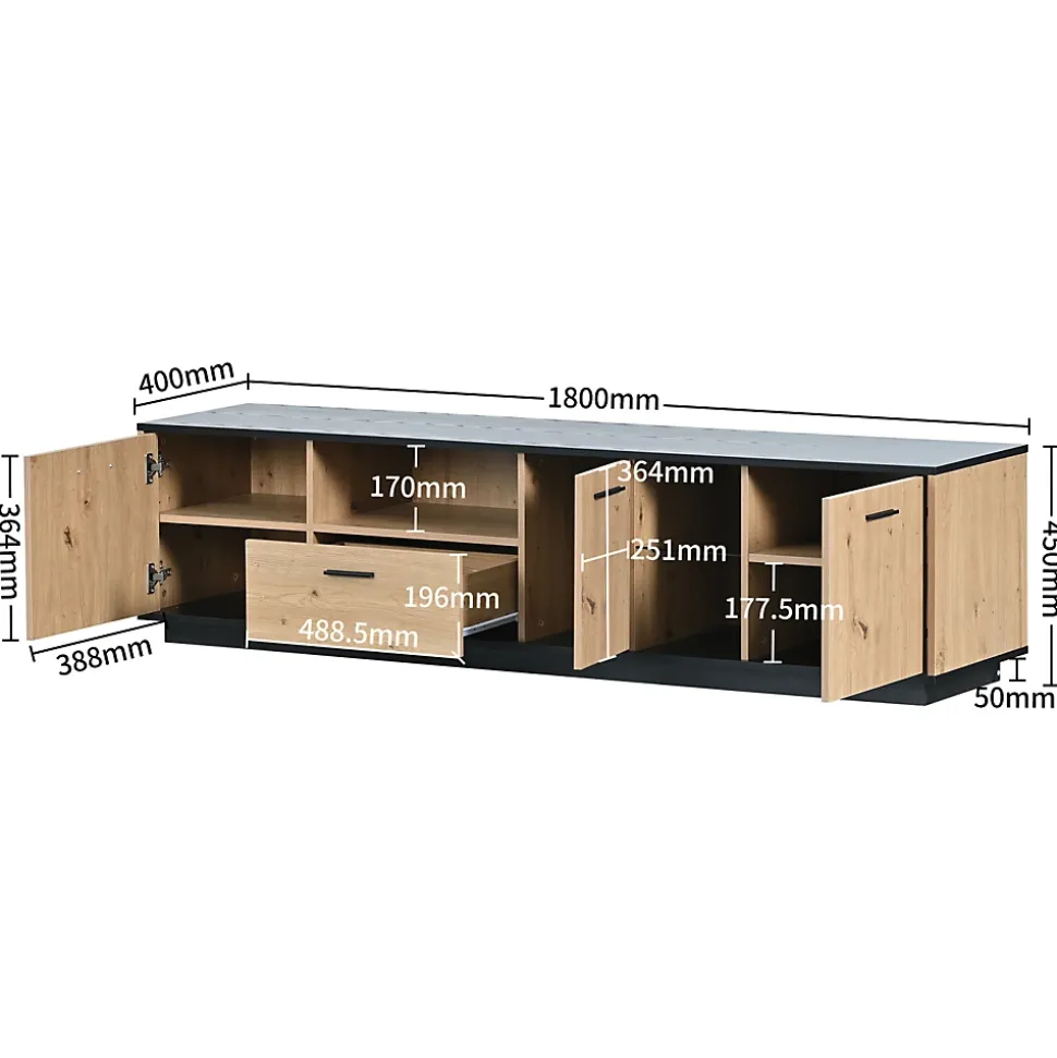 Meuble TV LED Avec 3 Portes, 2 Compartiments Ouverts Et 1 Tiroir Pour Salon, Chambre