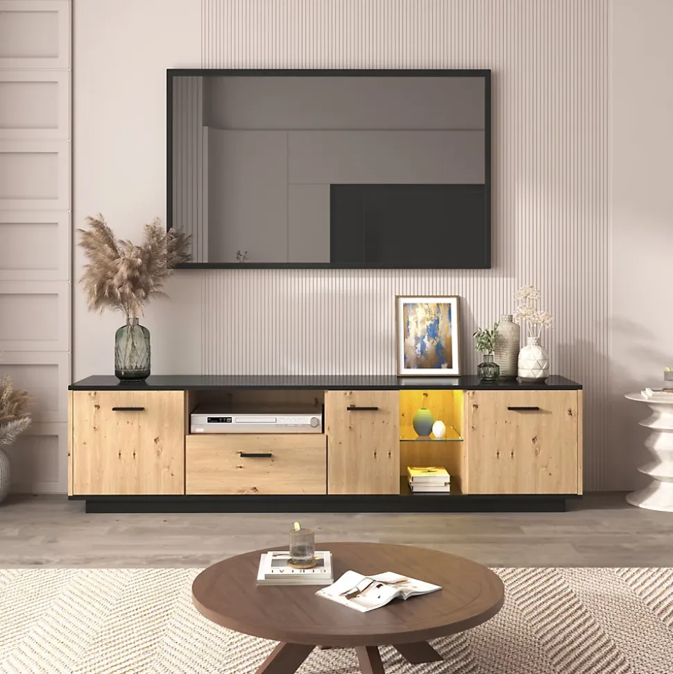 Meuble TV LED Avec 3 Portes, 2 Compartiments Ouverts Et 1 Tiroir Pour Salon, Chambre