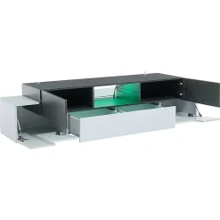 Meuble TV LED blanc/gris, étagères verre, pour TV 55-80