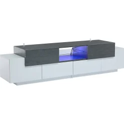 Meuble TV LED blanc/gris, étagères verre, pour TV 55-80