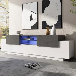 Meuble TV LED blanc/gris, étagères verre, pour TV 55-80