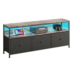 Meuble TV LED moderne, bois, 3 tiroirs, motif tissu noir, tablette rangement, pieds réglables, 137x29.8x78 cm, Noir