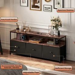 Meuble TV LED moderne, bois, 3 tiroirs, motif tissu noir, tablette rangement, pieds réglables, 137x29.8x78 cm, Noir