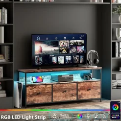 Meuble TV LED moderne, bois, 3 tiroirs, motif tissu noir, tablette rangement, pieds réglables, 108x29.8x78 cm, Naturelle