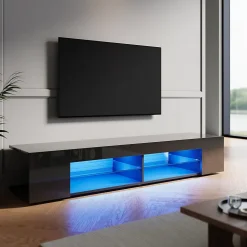Meuble TV LED SIRHONA Moderne Demi-ouvert Placer Space+Verre Stratifiée+Noir+160cm
