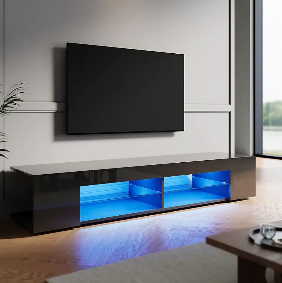 Meuble TV LED SIRHONA Moderne Demi-ouvert Placer Space+Verre Stratifiée+Noir+160cm