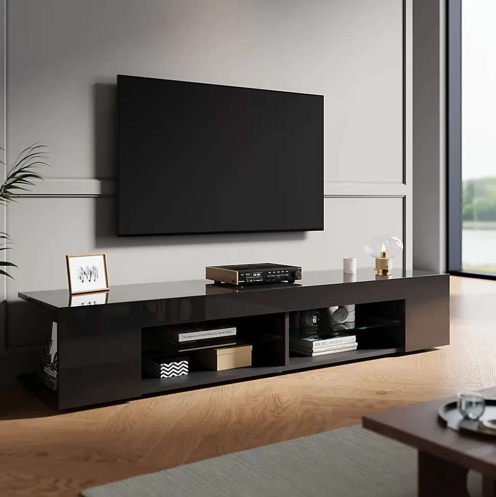 Meuble TV LED SIRHONA Moderne Demi-ouvert Placer Space+Verre Stratifiée+Noir+160cm