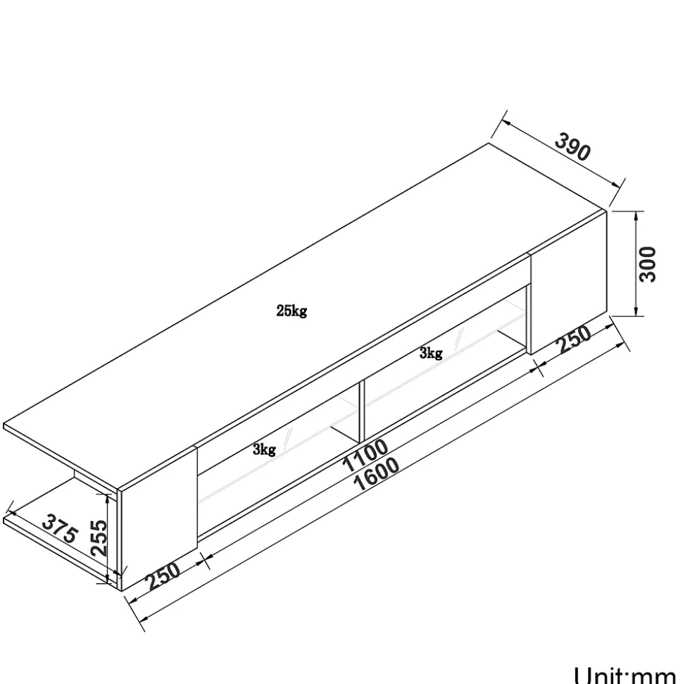 Meuble TV LED SIRHONA Moderne Demi-ouvert Placer Space+Verre Stratifiée+Noir+160cm