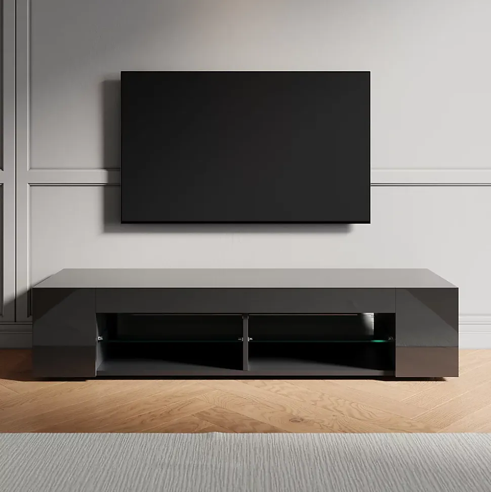Meuble TV LED SIRHONA Moderne Demi-ouvert Placer Space+Verre Stratifiée+Noir+150cm