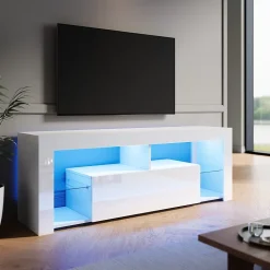 Meuble TV LED SIRHONA Rangement Moderne Sans Poignées + Etagères en Verre + Blanc +140 cm