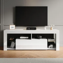 Meuble TV LED SIRHONA Rangement Moderne Sans Poignées + Etagères en Verre + Blanc +140 cm