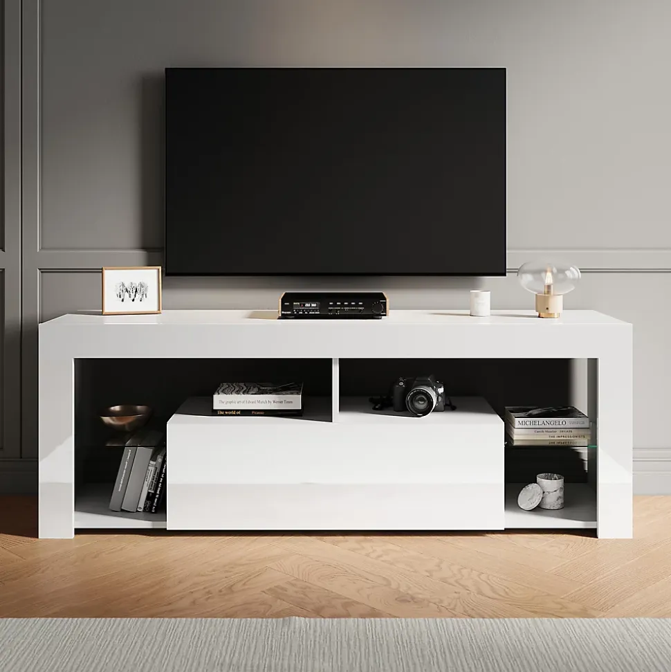 Meuble TV LED SIRHONA Rangement Moderne Sans Poignées + Etagères en Verre + Blanc +140 cm