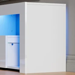 Meuble TV LED SIRHONA Rangement Moderne Sans Poignées + Etagères en Verre + Blanc +140 cm