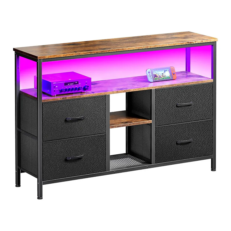 Meuble TV LED 137x30x78cm - 4 tiroirs, 2 compartiments et étagère - tissu cuir et métal noir - Noir