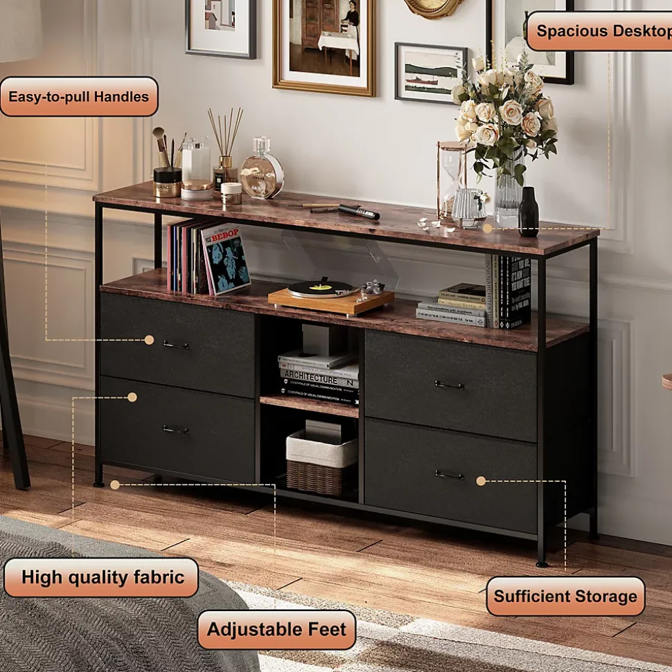Meuble TV LED 137x30x78cm - 4 tiroirs, 2 compartiments et étagère - tissu cuir et métal noir - Noir