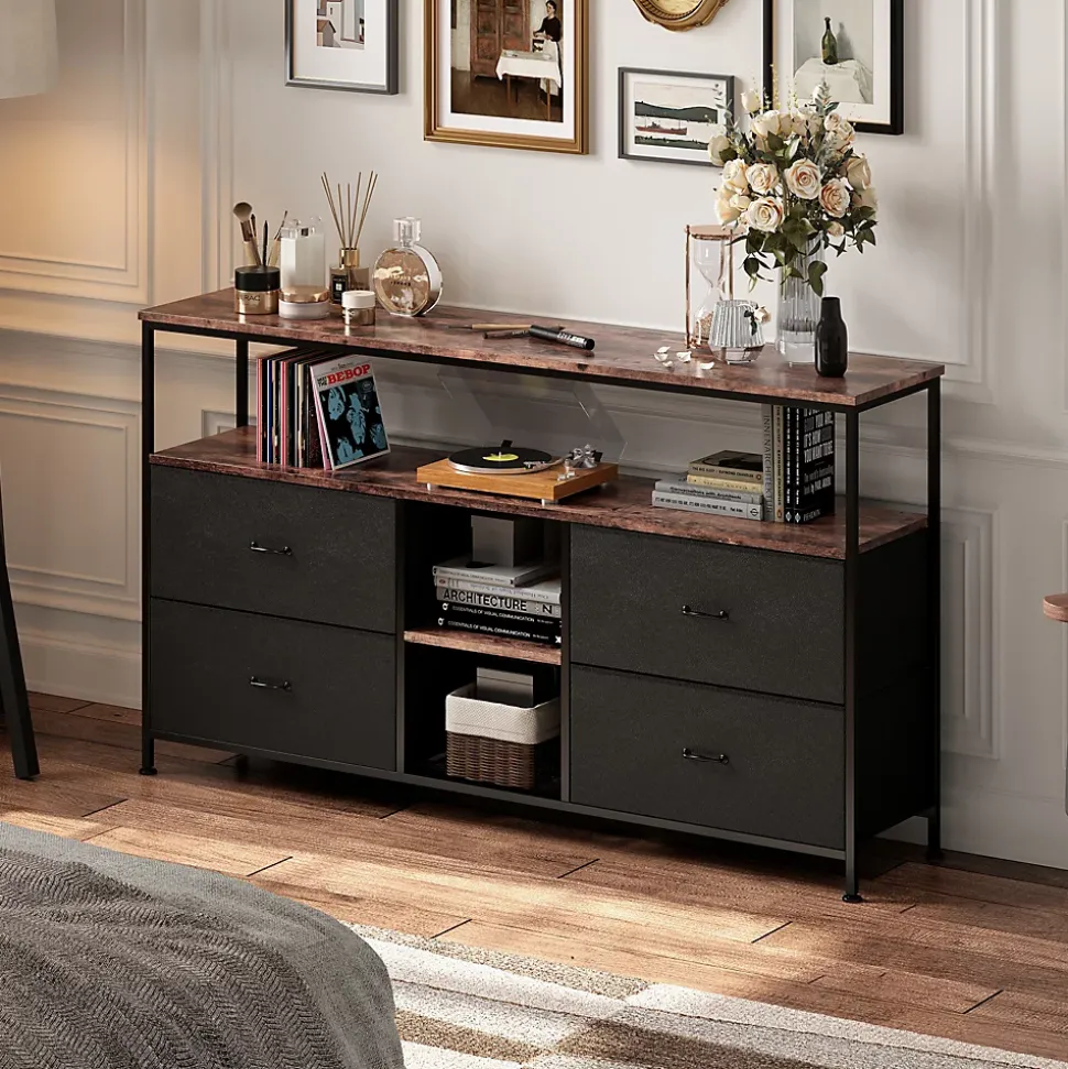 Meuble TV LED 137x30x78cm - 4 tiroirs, 2 compartiments et étagère - tissu cuir et métal noir - Noir