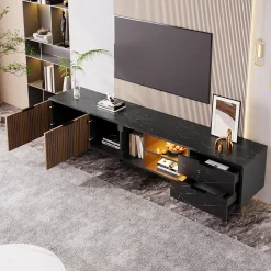 Meuble TV LED 200x50x38cm - avec 2 portes et 2 tiroirs - aspect marbre noir, portes grain de bois foncé - Noir