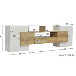 Meuble TV Élégant 200 Cm, Éclairage LED, Meuble De Salon, Design Moderne, Blanc + Bois