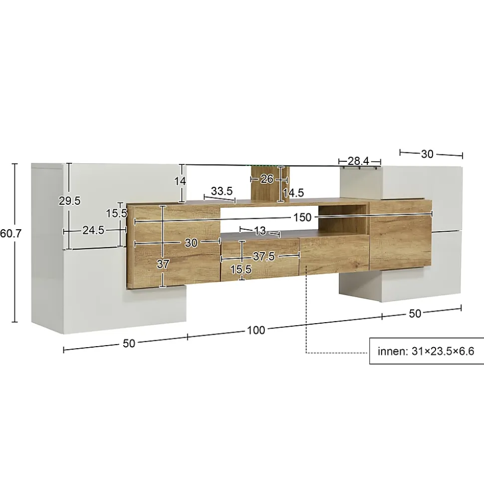 Meuble TV Élégant 200 Cm, Éclairage LED, Meuble De Salon, Design Moderne, Blanc + Bois