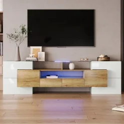 Meuble TV Élégant 200 Cm, Éclairage LED, Meuble De Salon, Design Moderne, Blanc + Bois