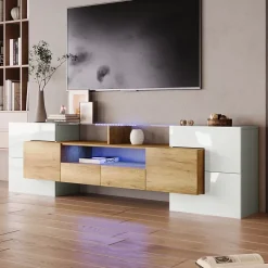 Meuble TV Élégant 200 Cm, Éclairage LED, Meuble De Salon, Design Moderne, Blanc + Bois