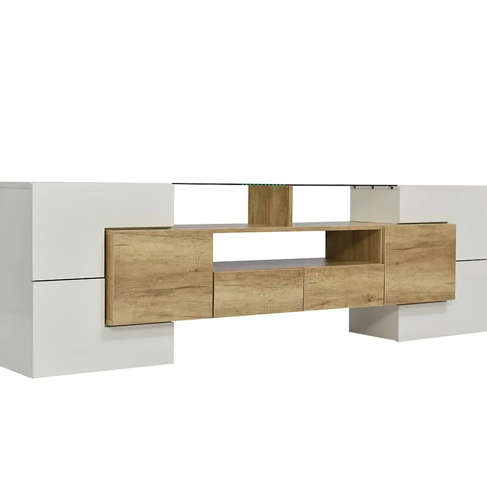 Meuble TV Élégant 200 Cm, Éclairage LED, Meuble De Salon, Design Moderne, Blanc + Bois