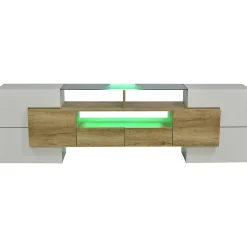 Meuble TV Élégant 200 Cm, Éclairage LED, Meuble De Salon, Design Moderne, Blanc + Bois