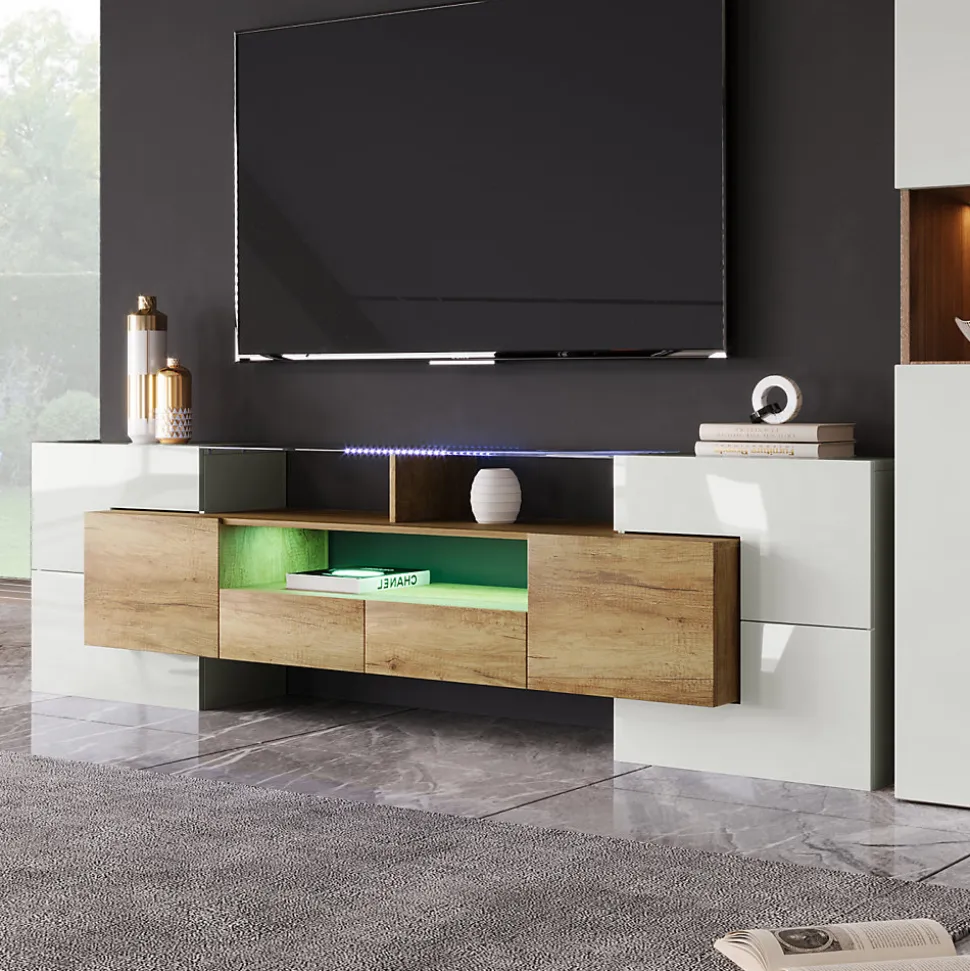 Meuble TV Élégant 200 Cm, Éclairage LED, Meuble De Salon, Design Moderne, Blanc + Bois