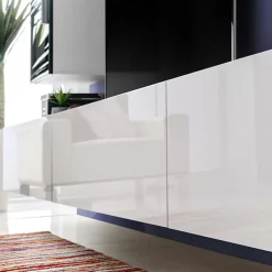 Meuble TV Loreto Komodee - Blanc Brillant et Blanc - Facades en Brillant - 200 x 30 x 41 cm