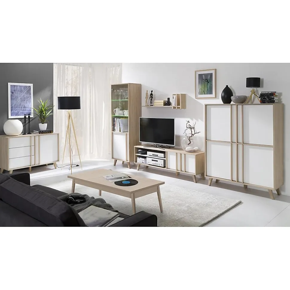 Meuble TV MALMO 150 cm coloris chene clair et blanc