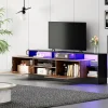 Meuble TV Moderne - Banc TV avec LED et Espaces de Rangement Ouverts - 2 Portes - 190x40x48,5 cm - Bois et Noir