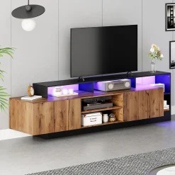 Meuble TV Moderne - Banc TV avec LED et Espaces de Rangement Ouverts - 2 Portes - 190x40x48,5 cm - Bois et Noir