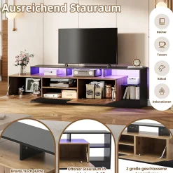 Meuble TV Moderne - Banc TV avec LED et Espaces de Rangement Ouverts - 2 Portes - 190x40x48,5 cm - Bois et Noir