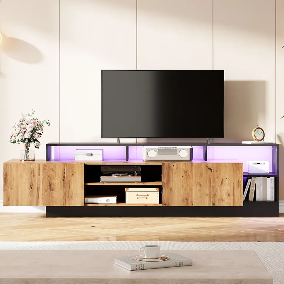 Meuble TV Moderne - Banc TV avec LED et Espaces de Rangement Ouverts - 2 Portes - 190x40x48,5 cm - Bois et Noir