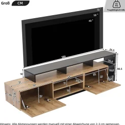 Meuble TV Moderne - Banc TV avec LED et Espaces de Rangement Ouverts - 2 Portes - 190x40x48,5 cm - Bois et Noir