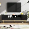 Meuble TV Moderne 2 Portes 2 Tiroirs, Bas Contemporain avec Pieds et Détails Dorés, Panneaux de Particules Noir, 165x36x55 cm