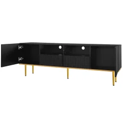 Meuble TV Moderne 2 Portes 2 Tiroirs, Bas Contemporain avec Pieds et Détails Dorés, Panneaux de Particules Noir, 165x36x55 cm