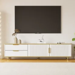 Meuble TV Moderne 2 Portes 2 Tiroirs, Bas Contemporain avec Poignées et Pieds Dorés, Structure Élégante Blanc, 175x40x45 cm