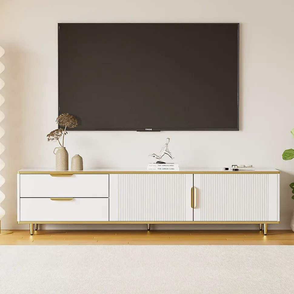 Meuble TV Moderne 2 Portes 2 Tiroirs, Bas Contemporain avec Poignées et Pieds Dorés, Structure Élégante Blanc, 175x40x45 cm