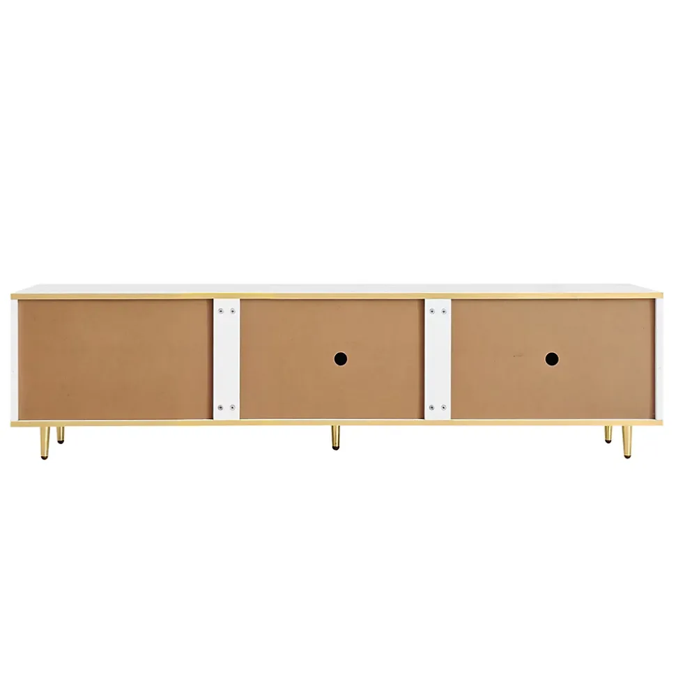 Meuble TV Moderne 2 Portes 2 Tiroirs, Bas Contemporain avec Poignées et Pieds Dorés, Structure Élégante Blanc, 175x40x45 cm