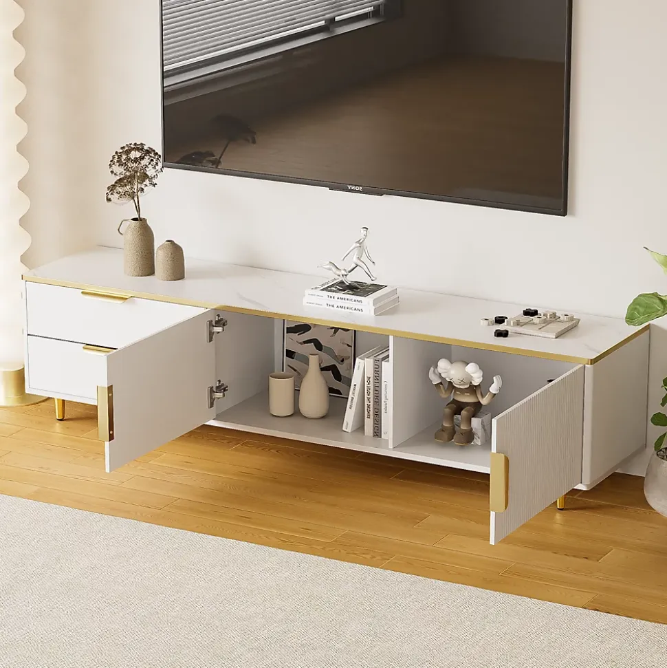 Meuble TV Moderne 2 Portes 2 Tiroirs, Bas Contemporain avec Poignées et Pieds Dorés, Structure Élégante Blanc, 175x40x45 cm
