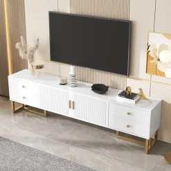 Meuble TV Moderne avec 2 Portes et 4 Tiroirs - Meuble Bas design Contemporain avec Pieds Dorés - Blanc - 175x30x46 cm