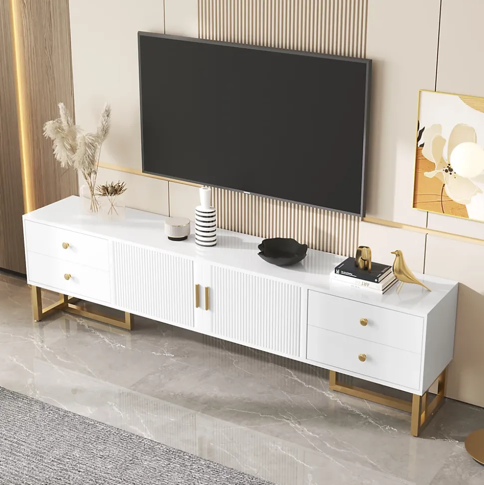 Meuble TV Moderne avec 2 Portes et 4 Tiroirs - Meuble Bas design Contemporain avec Pieds Dorés - Blanc - 175x30x46 cm
