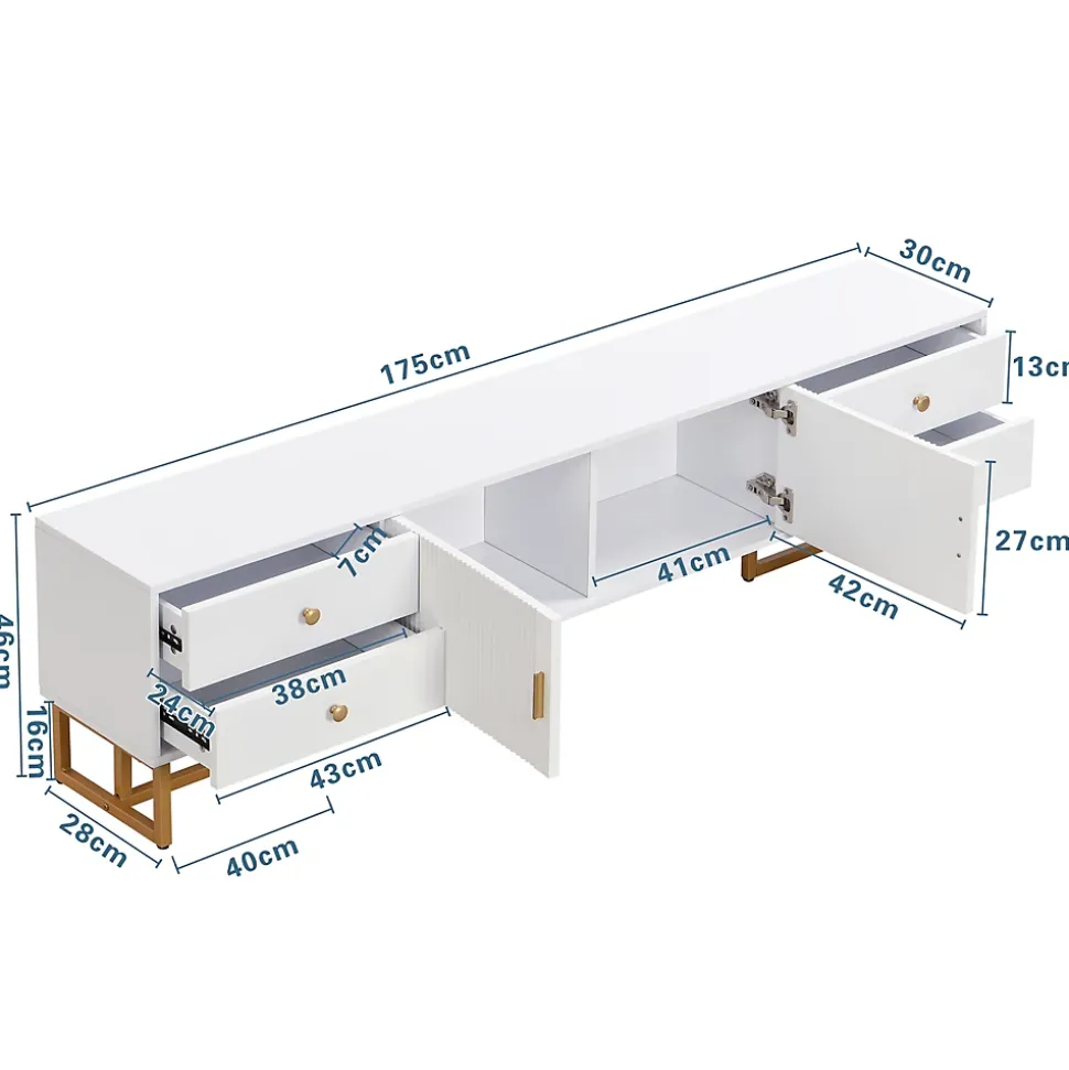 Meuble TV Moderne avec 2 Portes et 4 Tiroirs - Meuble Bas design Contemporain avec Pieds Dorés - Blanc - 175x30x46 cm