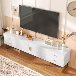 Meuble TV Moderne avec 2 Portes et 4 Tiroirs - Meuble Bas design Contemporain avec Pieds Dorés - Blanc - 175x30x46 cm