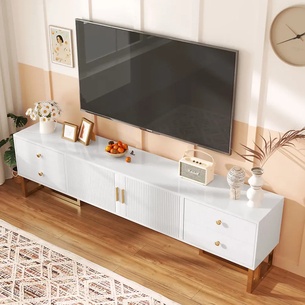 Meuble TV Moderne avec 2 Portes et 4 Tiroirs - Meuble Bas design Contemporain avec Pieds Dorés - Blanc - 175x30x46 cm