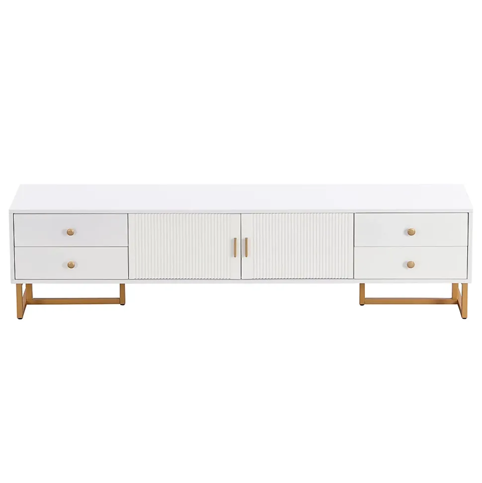 Meuble TV Moderne avec 2 Portes et 4 Tiroirs - Meuble Bas design Contemporain avec Pieds Dorés - Blanc - 175x30x46 cm