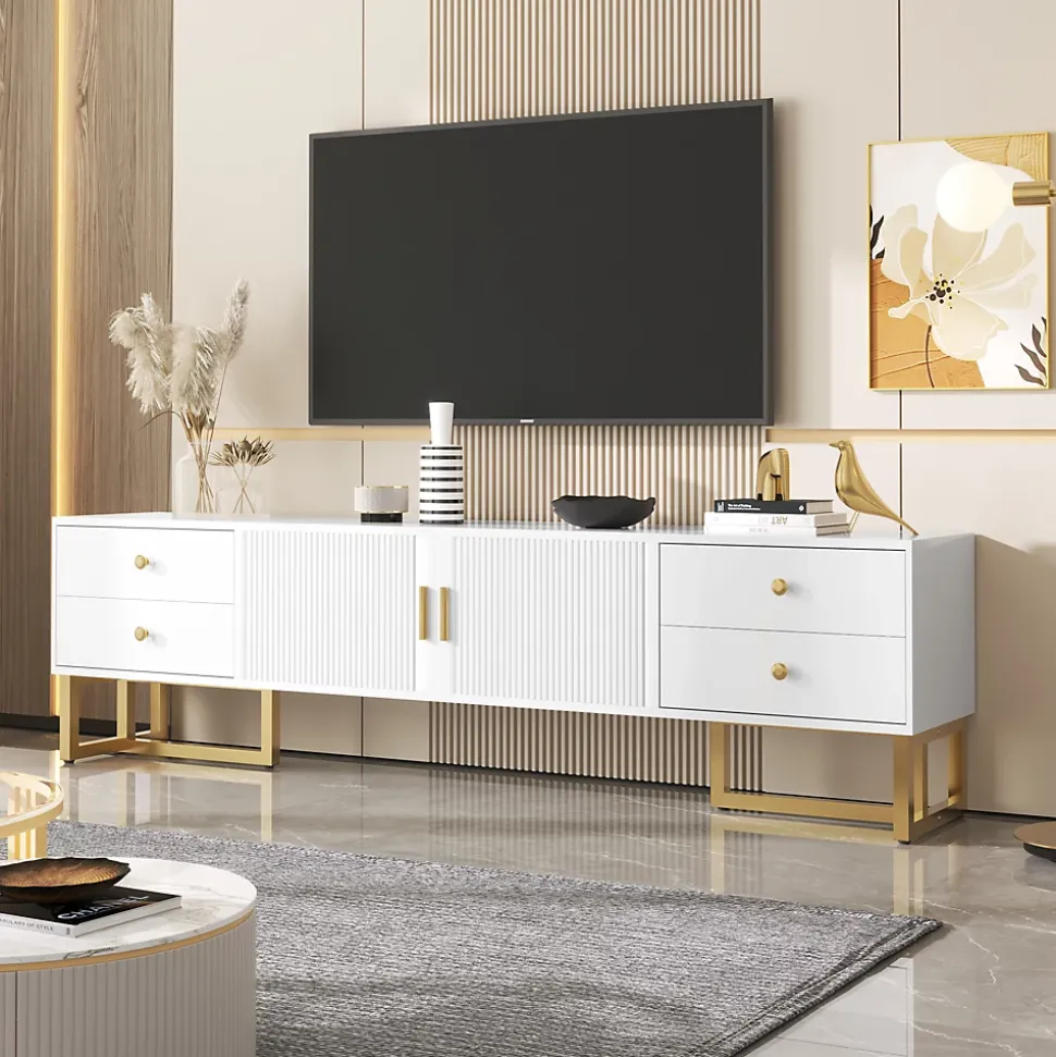 Meuble TV Moderne avec 2 Portes et 4 Tiroirs - Meuble Bas design Contemporain avec Pieds Dorés - Blanc - 175x30x46 cm